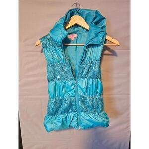Girls Heartsoul Blue Puffer Vest Sequin Panels Hooded XL Youth
